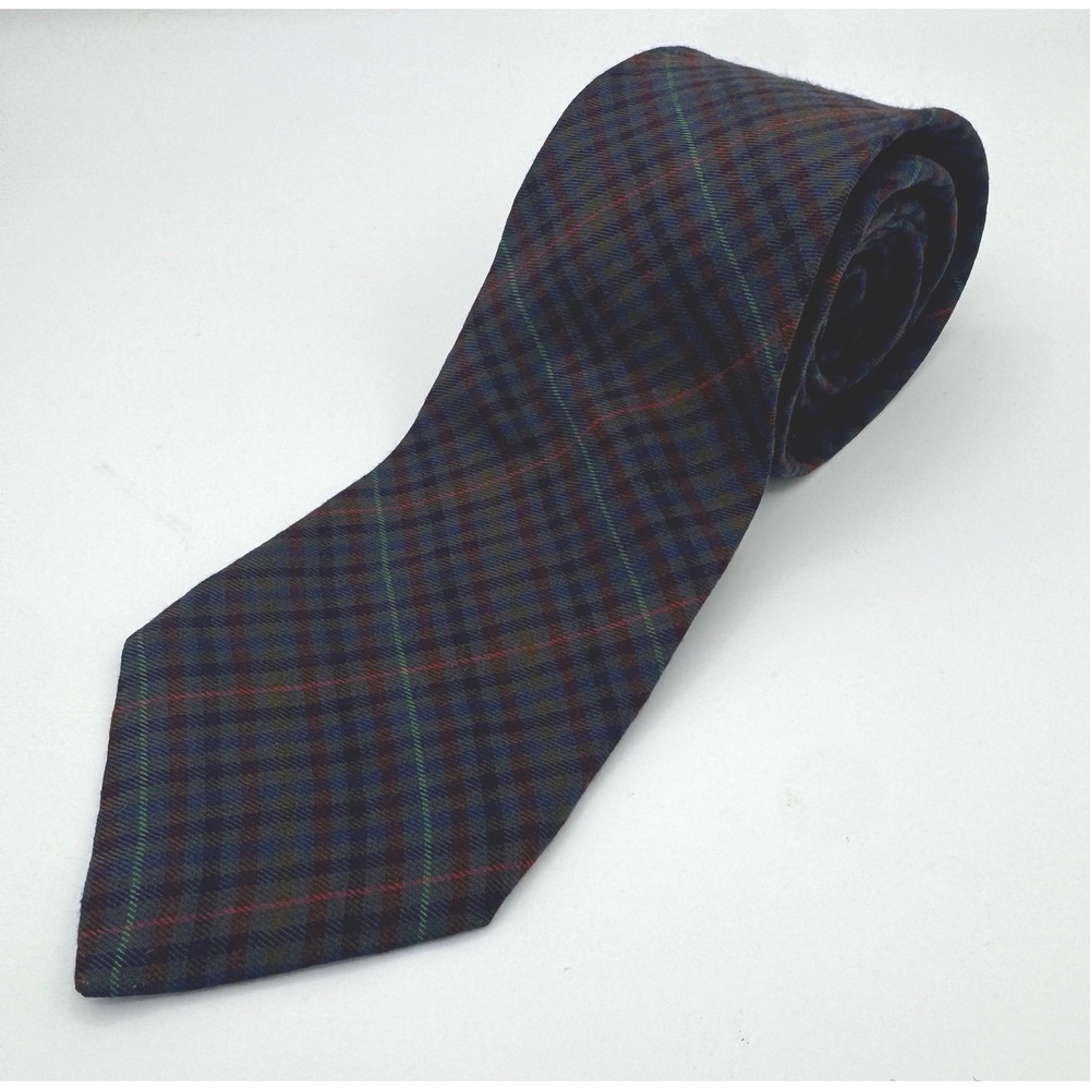 Gap‎ Mens Plaid Necktie Navy Blue Green Red Wool Blend Made in USA Vintage